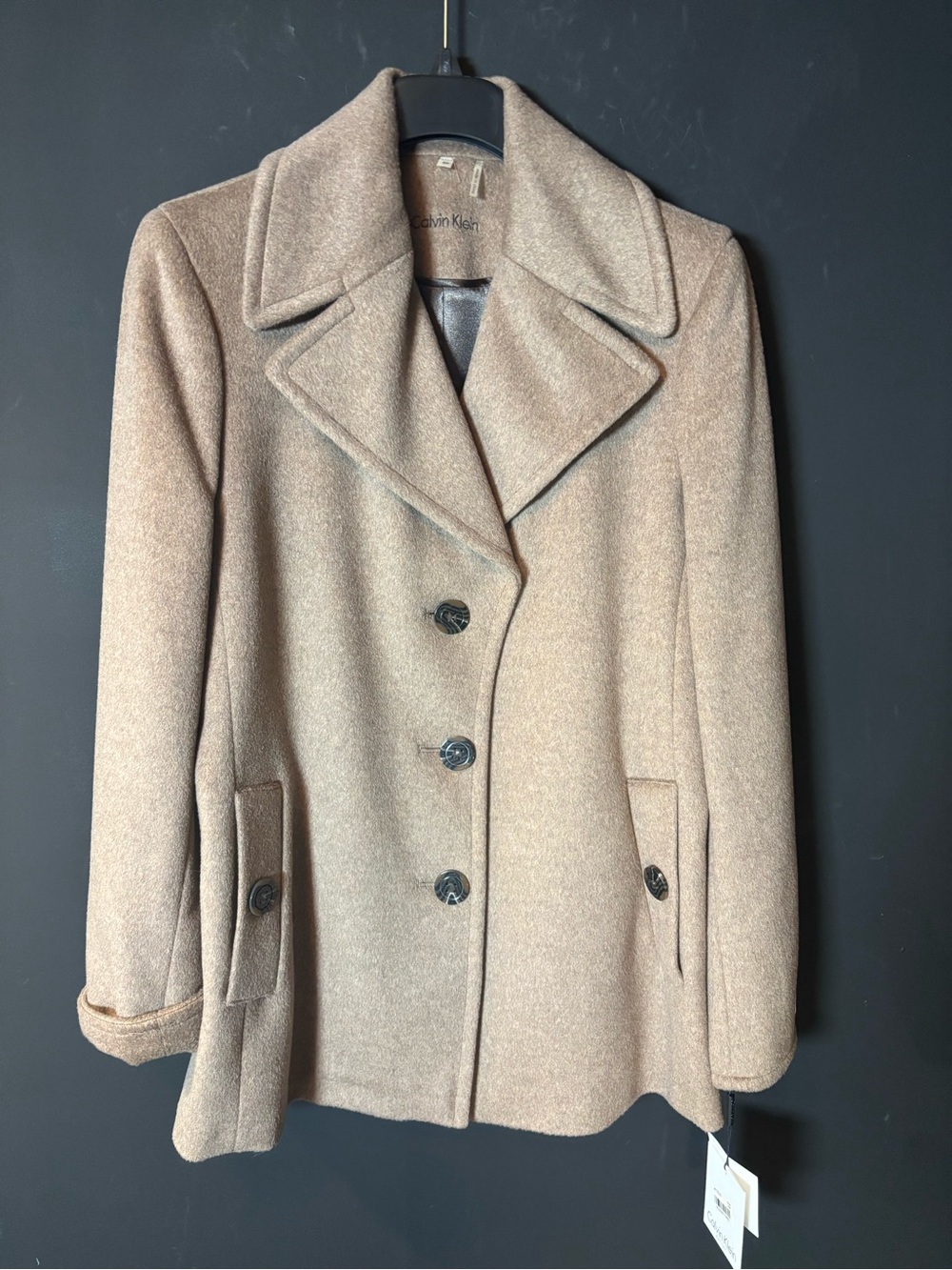 NWT Calvin Klein Women's Tan Wool-Silk Blend Pea Coat-Oatmeal-8P